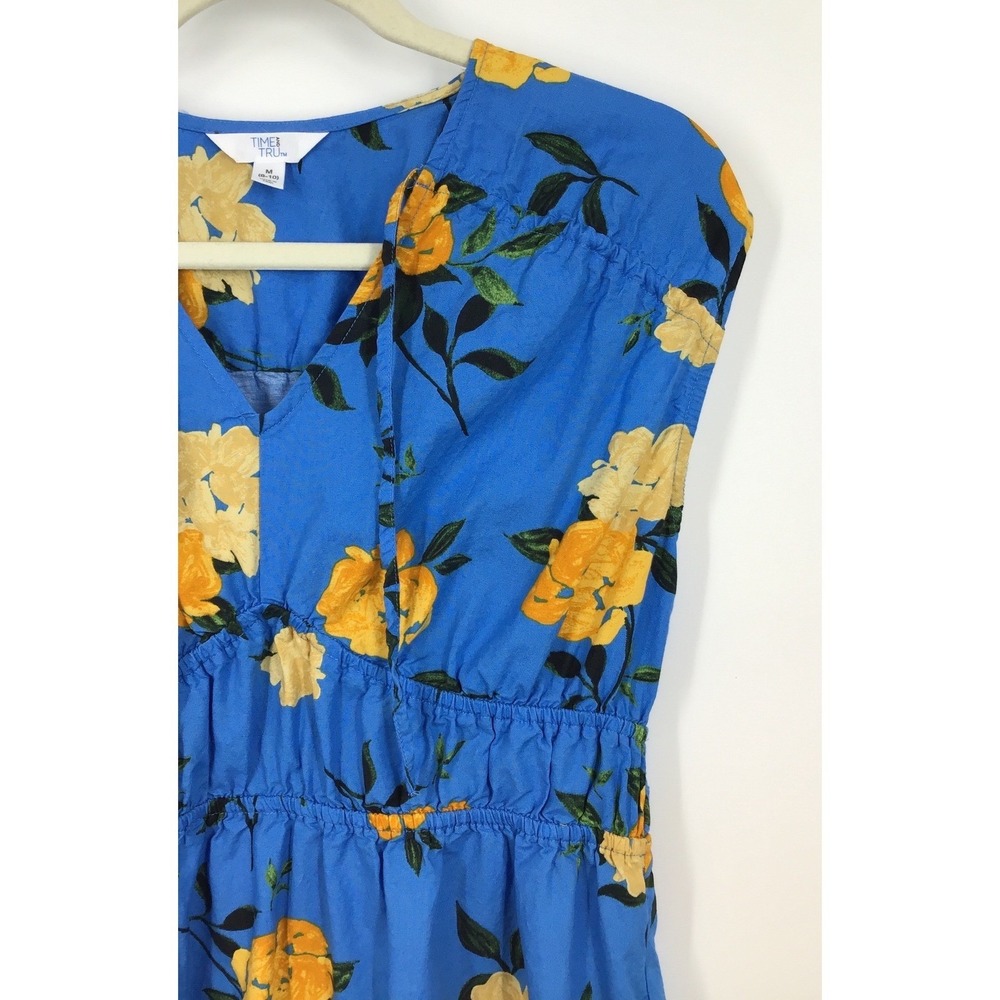 Time and Tru Blue Yellow Floral Sleeveless Dress w/ Pockets Tiered Hem Size M (8 - Picture 3 of 9